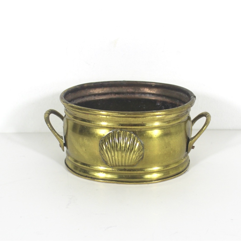 Vintage Small Oval Brass Plated Copper Planter With Shell Motif and Handles